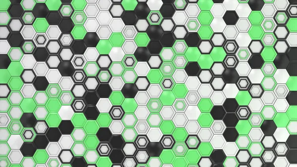 검정, 흰색 및 녹색 육각형 o의 추상적인 3d 배경 — 스톡 사진
