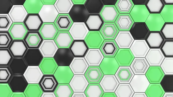 검정, 흰색 및 녹색 육각형 o의 추상적인 3d 배경 — 스톡 사진