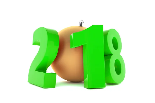 Nowy Rok 2018 zielone plastikowe figurki z złota ozdoba piłka — Zdjęcie stockowe