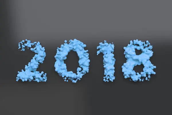 Жидкое голубое число 2018 года с капельками на черном фоне — стоковое фото