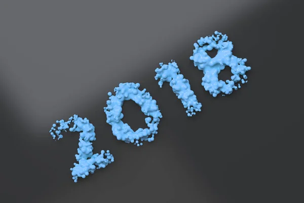 Liquide bleu 2018 nombre avec des gouttes sur fond noir — Photo