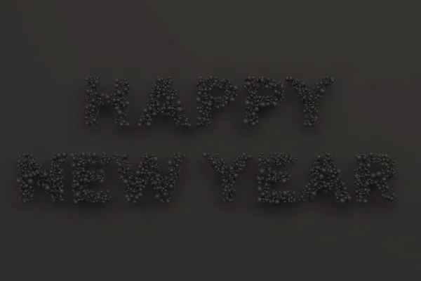 Gelukkig Nieuwjaar woorden uit zwarte ballen op zwarte achtergrond — Stockfoto
