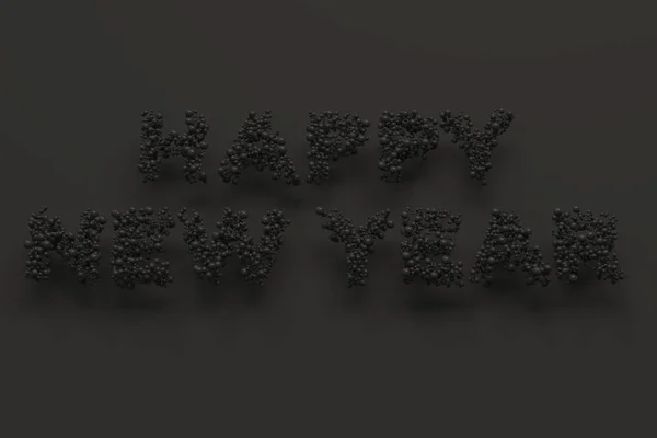 Щасливі новорічні слова з чорних кульок на чорному тлі — стокове фото