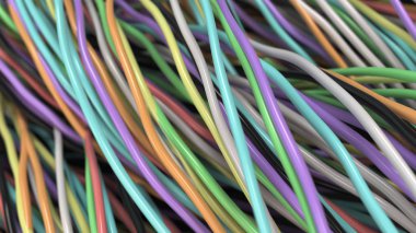Çok renkli kablolar ve teller üzerinde siyah yüzey bükülmüş
