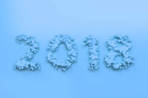 Flüssigblau 2018 Zahl mit Tropfen auf blauem Hintergrund — Stockfoto