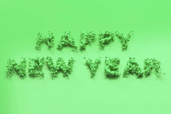 Liquido verde Felice anno nuovo parole con gocce su sfondo verde — Foto Stock