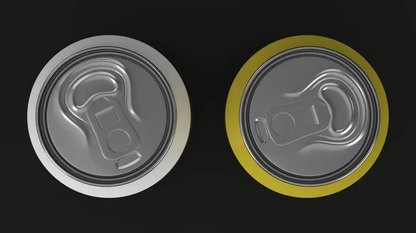 Duas pequenas latas de refrigerante de alumínio branco e amarelo mockup em preto ba — Fotografia de Stock