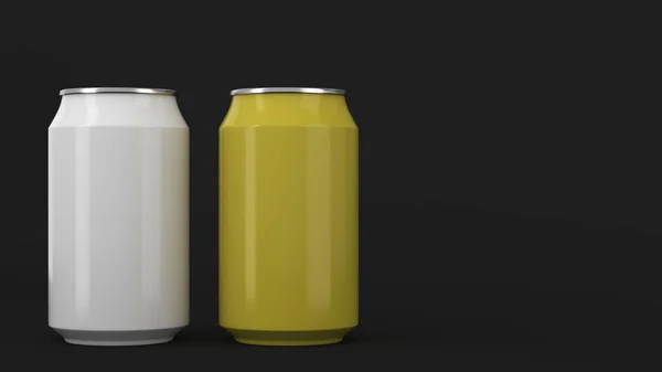 Dos pequeñas latas de soda de aluminio blanco y amarillo maqueta en ba negro —  Fotos de Stock