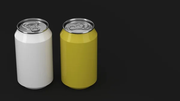 Twee kleine witte en gele aluminium soda cans mockup op zwarte ba — Stockfoto