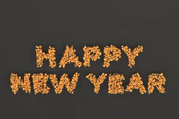 Щасливі новорічні слова з помаранчевих кульок на чорному тлі — стокове фото