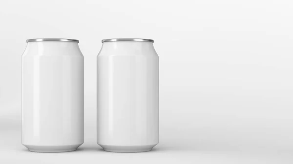 Mockup beyaz arka plan üzerinde iki küçük beyaz alüminyum soda kutular — Stok fotoğraf