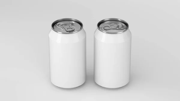 Dos pequeñas latas de soda de aluminio blanco maqueta sobre fondo blanco — Foto de Stock