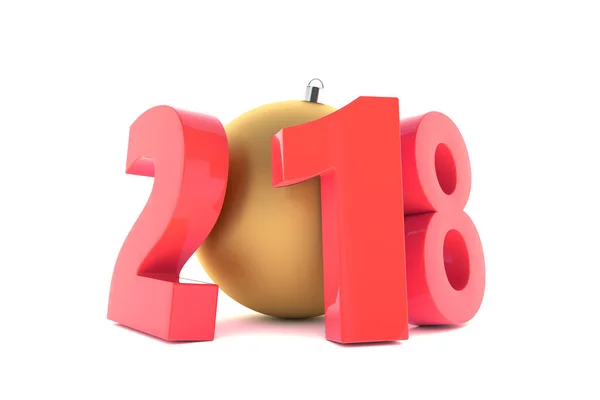 De kunststof cijfers 2018 Nieuwjaar rood met gouden decoratie bal — Stockfoto