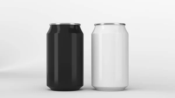 Mockup beyaz bac üzerinde iki küçük siyah beyaz alüminyum soda kutular