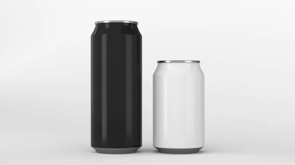 Velké černé a malé bílé soda plechovky maketa — Stock fotografie