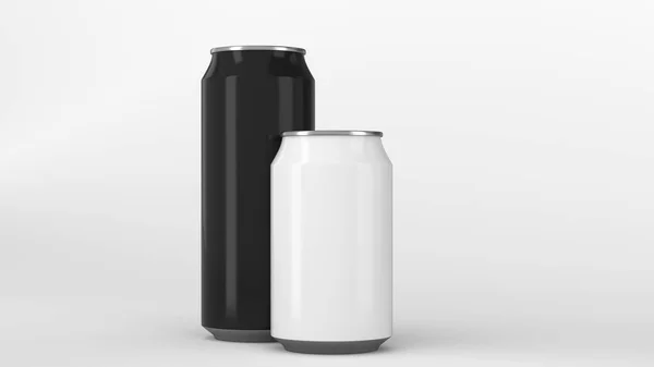 Stor svart och små vita soda burkar mockup — Stockfoto