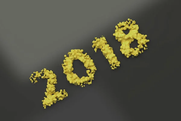 Flüssige gelbe Zahl 2018 mit Tropfen auf schwarzem Hintergrund — Stockfoto