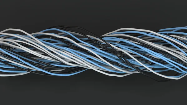 Cables y alambres retorcidos negros, blancos y azules en la superficie negra —  Fotos de Stock