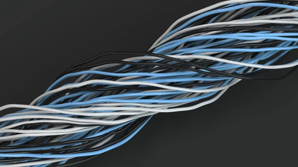 Cables y alambres retorcidos negros, blancos y azules en la superficie negra — Foto de Stock