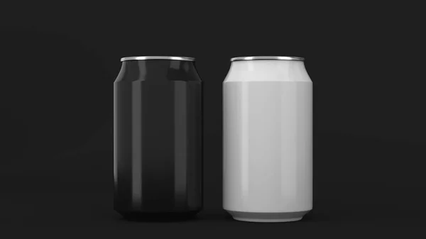 Zwei kleine schwarze und weiße Aluminium-Limo-Dosen-Attrappen auf schwarzem Bac — Stockfoto