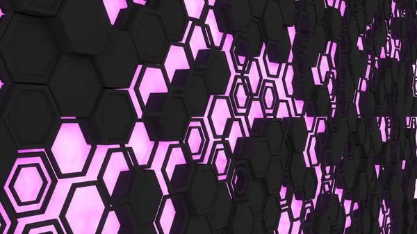 Абстрактный трехмерный фон из черных шестиугольников на оранжево-фиолетовом — стоковое фото