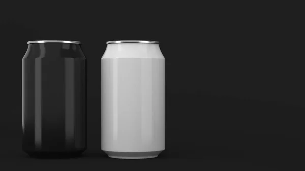 Två små svarta och vita aluminium soda burkar mockup på svart bac — Stockfoto