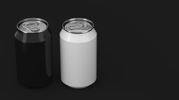 Dwa małe i czarne aluminium soda puszki makieta na czarny bac — Zdjęcie stockowe