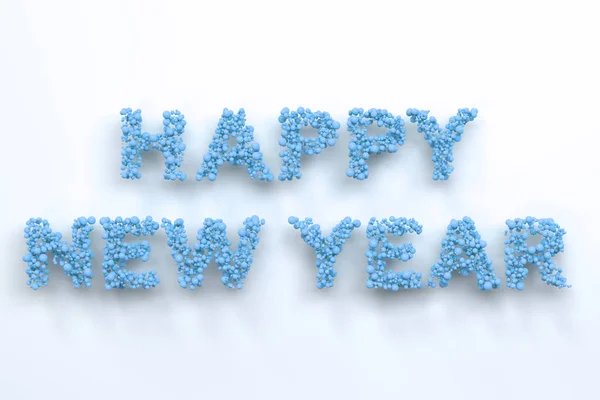 Щасливі новорічні слова з блакитних кульок на білому тлі — стокове фото