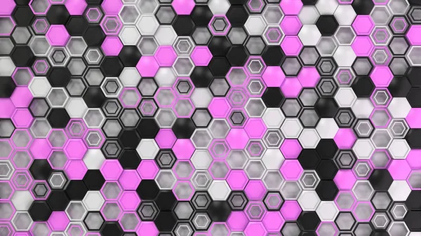 Abstrato 3d fundo feito de preto, branco e roxo hexágonos — Fotografia de Stock