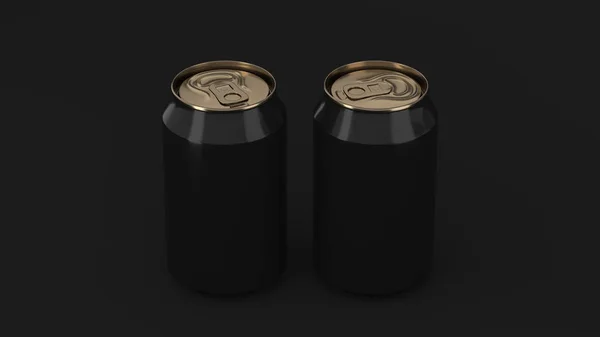 Dwa małe czarno -złota aluminium soda puszki makieta tyłu czarny — Zdjęcie stockowe
