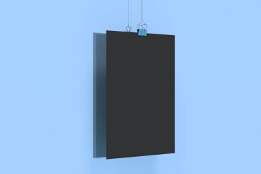 Ciltçi klibini mockup mavi zemin üzerine boş siyah poster