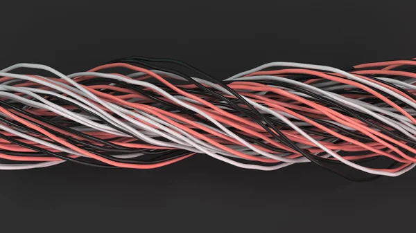 Cables y alambres retorcidos negros, blancos y rojos en la superficie negra —  Fotos de Stock