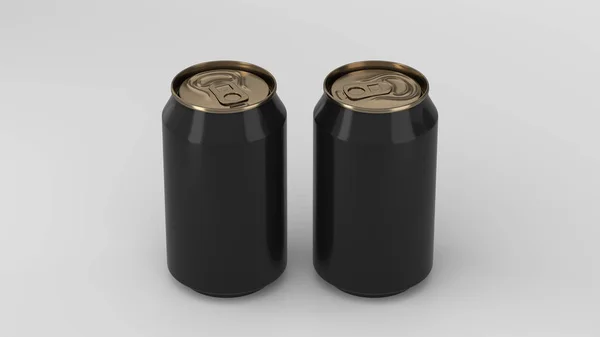 Two small black and gold aluminum soda cans mockup on white back — Stock Photo, Image