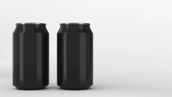 Zwei kleine schwarze und goldene Aluminium-Limo-Dosen-Attrappen auf weißem Rücken — Stockfoto