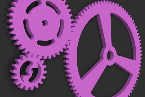 Set of violet gears and cogs on black background — Stock Photo, Image