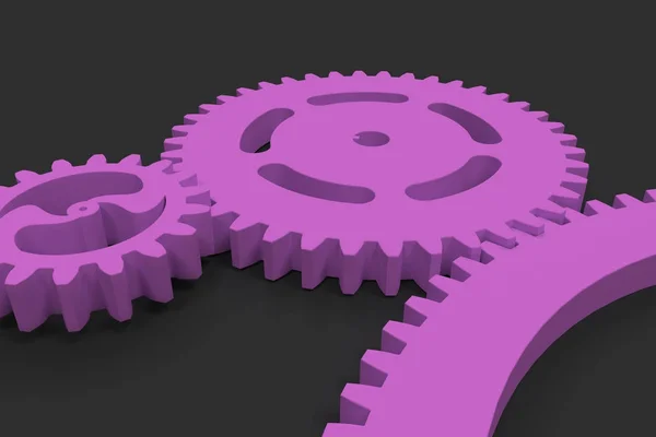 Uppsättning av violett gears och kuggar på svart bakgrund — Stockfoto