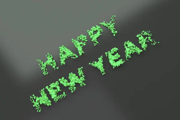 Verde liquido Felice anno nuovo parole con gocce su sfondo nero — Foto Stock