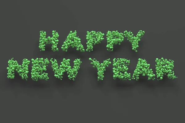 Щасливі новорічні слова з зелених кульок на чорному тлі — стокове фото