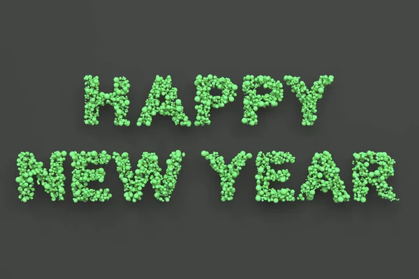 Щасливі новорічні слова з зелених кульок на чорному тлі — стокове фото