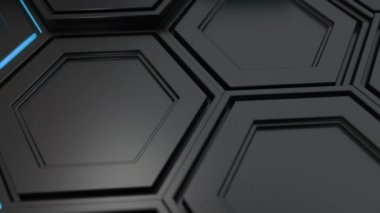 Teknolojik arka plan siyah altıgen yanarak bahislerin doğru Mavi parlaklık ile yapılmış. Altıgen yanarak bahislerin doğru duvarına. 3D render illüstrasyon