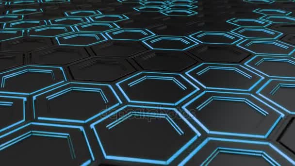 Absztrakt Technológiai Háttér Készült Kék Fény Fekete Hatszög Fala Hexagons — Stock videók