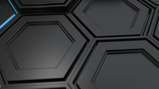 Абстрактный Технологический Фон Черных Шестиугольников Синим Свечением Стена Шестиугольников Рендеринг — стоковое видео