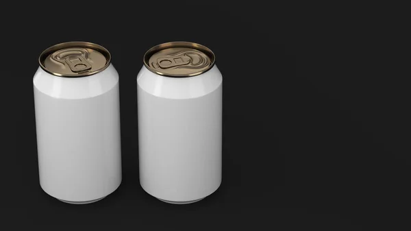 Deux petites canettes de soda en aluminium blanc et or maquette sur le dos noir — Photo