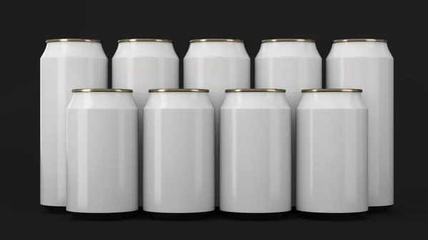 Bílé soda plechovky stojí ve dvou řadách na černém pozadí — Stock fotografie