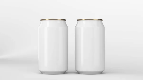 Duas pequenas latas de refrigerante de alumínio branco e dourado mockup na parte traseira branca — Fotografia de Stock