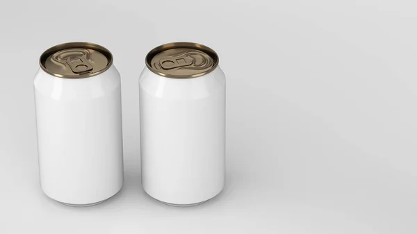 Dos pequeñas latas de soda de aluminio blanco y oro maqueta en la espalda blanca — Foto de Stock