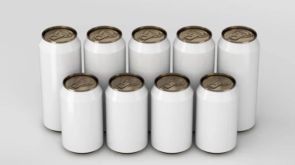 Witte soda cans staande in twee raws op witte achtergrond — Stockfoto