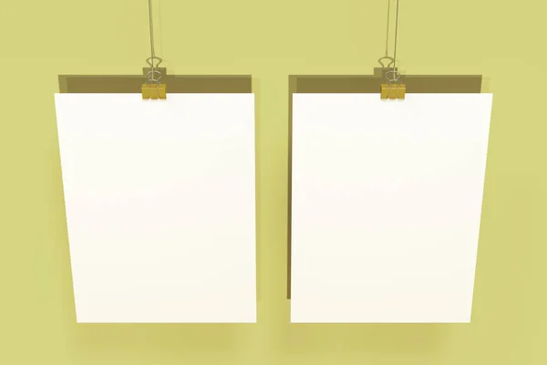 Dois cartazes brancos em branco com mockup de grampo de aglutinante no backgr amarelo — Fotografia de Stock