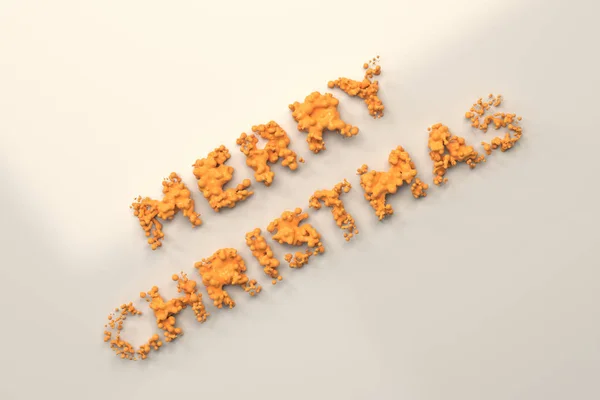 Vloeibare oranje Merry Christmas woorden met druppels op witte CHTERGRO — Stockfoto