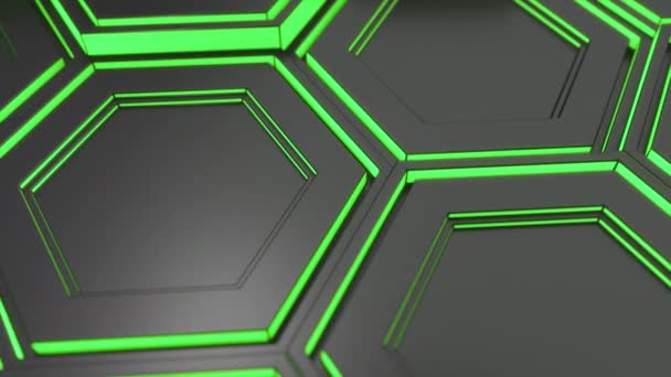 抽象的な技術背景は緑の輝きと黒の六角形に成っています 六角形の壁 レンダリング図 — ストック動画